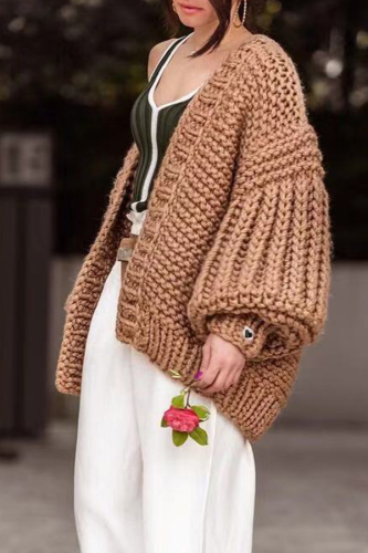 Khaki Casual Puff Sleeves Coat