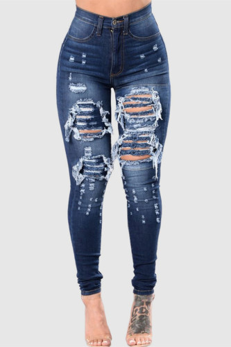 Deep Blue Fashion Sexy Ripped High Waist Skinny Jeans