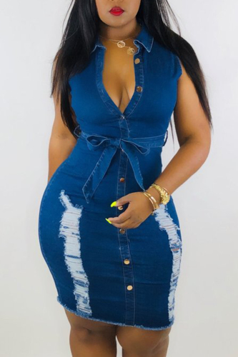 Blue Sexy Sleeveless Grinding Hole Cowboy Dress