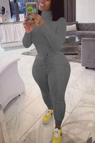 Dark Gray Street Solid Turtleneck Long Sleeve Two Pieces
