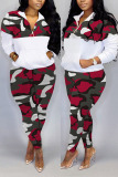 Green Fashion Casual Zipper Collar Long Sleeve Regular Sleeve Patchwork Camouflage Print Plus Size Set