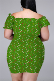 Green Fashion Sexy Plus Size Print Basic Bateau Neck Printed Dress
