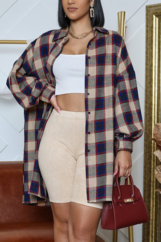 Gray Blue Fashion Casual Plaid Print Basic Turndown Collar Outerwear