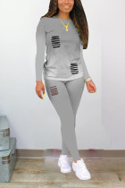 Grey Polyester Sexy Print Hole Regular Long Sleeve Two Pieces