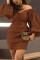 Dark Brown Fashion Sexy Solid Strap Design Bateau Neck Long Sleeve Dress