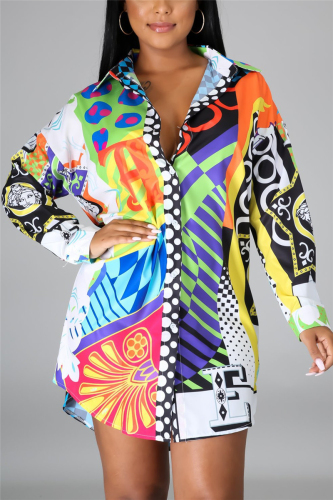 colour Fashion Casual Print Basic Shirt Collar Shirt Dress (Without Belt)