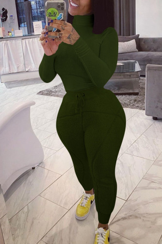 Army Green Street Solid Turtleneck Long Sleeve Two Pieces