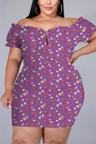 purple Fashion Sexy Plus Size Print Basic Bateau Neck Printed Dress