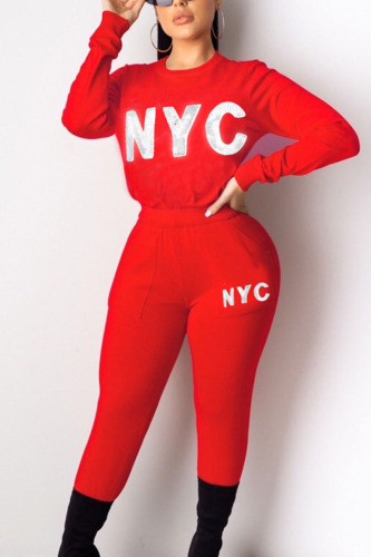 Red British Style Print Embroidered Sequins O Neck Long Sleeve Two Pieces