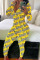 Yellow Fashion Adult Living Print Pants V Neck Skinny Jumpsuits