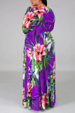 purple Fashion Sexy Plus Size Print Slit V Neck Printed Dress