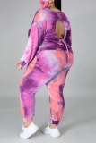 Pink Fashion Casual Print Tie Dye Tie-dye Backless O Neck Plus Size Set
