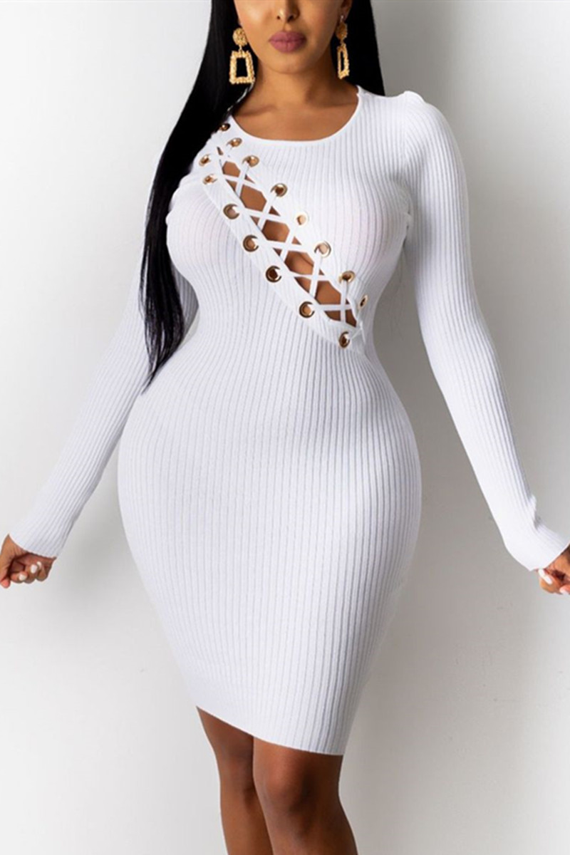 

White Fashion Sexy Solid Hollowed Out O Neck Long Sleeve Dress