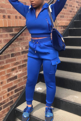 Blue Fashion Casual Patchwork Solid Patchwork Turndown Collar Long Sleeve Two Pieces