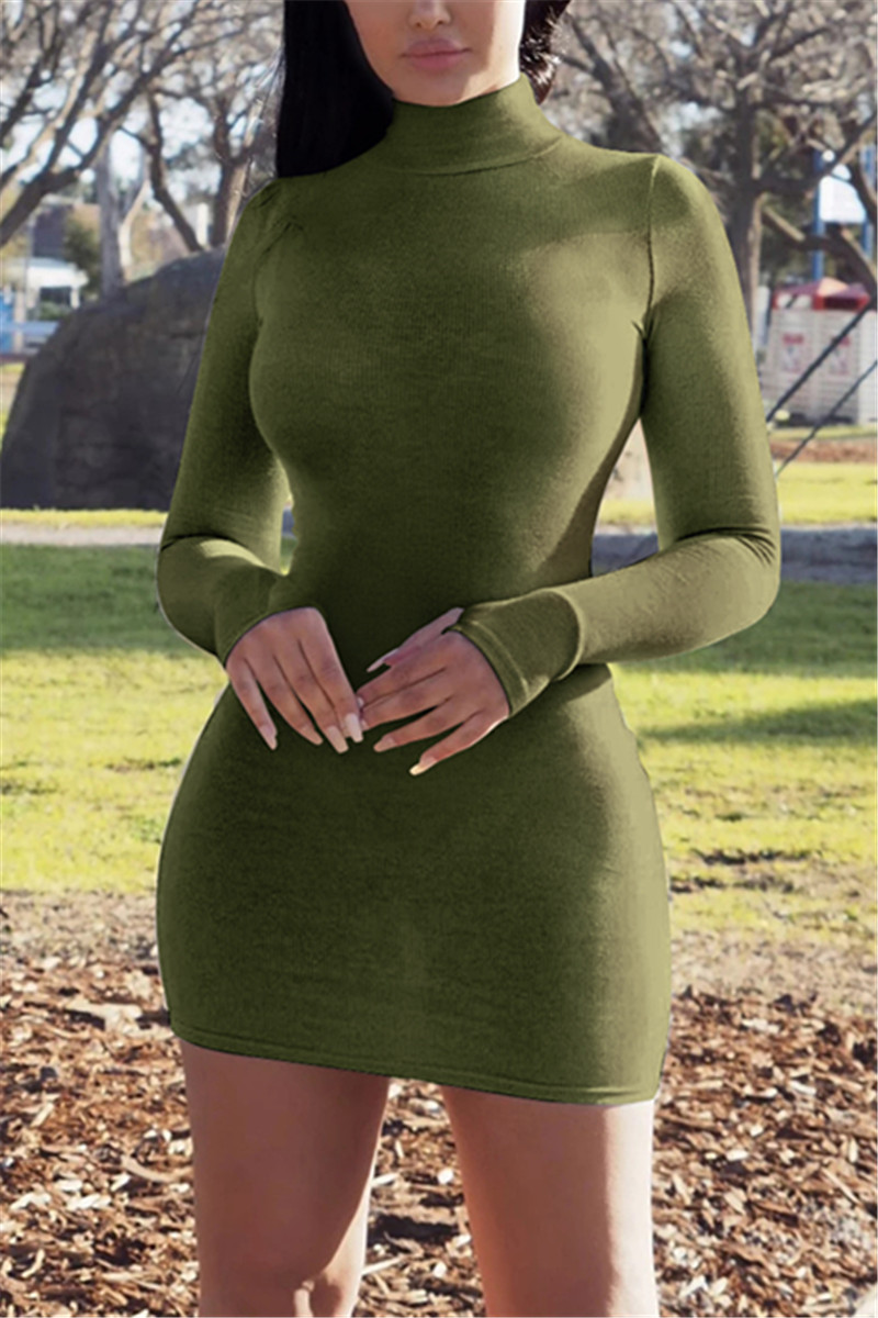 green long sleeve turtleneck dress