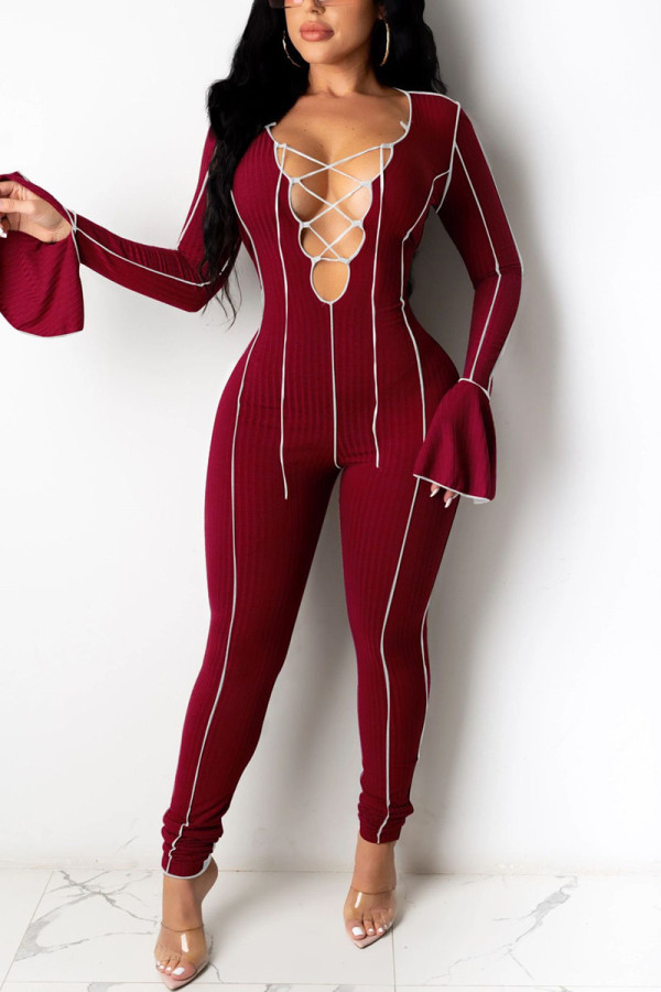 Wine Red Fashion Sexy Solid Patchwork V Neck Skinny Jumpsuits