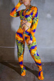multicolor Fashion Sexy Print Hollowed Out O Neck Skinny Jumpsuits