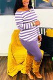 Light Gray Fashion Casual Striped Print Basic O Neck Long Sleeve Two Pieces