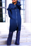 Black O Neck Zippered Patchwork Stringy selvedge Solid Pure Long Sleeve Coats & Cardigan
