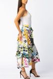 Multi-color Elastic Fly High Draped Asymmetrical Letter bandage Print Pleated skirt Capris Skirts