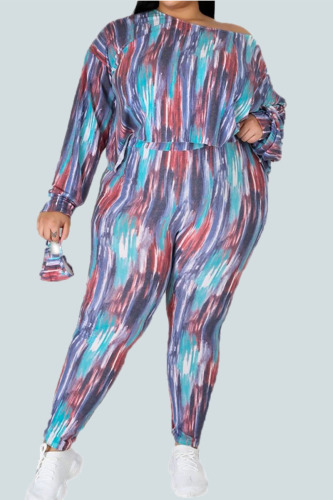 Multi-color Fashion Casual Print Patchwork Oblique Collar Long Sleeve Two Pieces