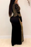 Black Fashion Sexy Solid Slit Hot Drill O Neck Swagger Dresses