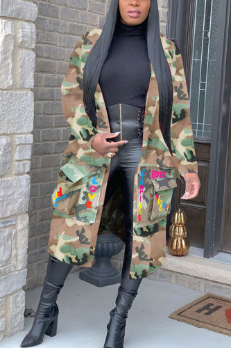 Green Turndown Collar Letter Print Camouflage Patchwork Print Long Sleeve Coats & Cardigan