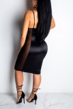 Black Fashion Sexy Spaghetti Strap Sleeveless Slip Step Skirt Knee-Length asymmetrical lace Patc