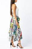 Multi-color Elastic Fly High Draped Asymmetrical Letter bandage Print Pleated skirt Capris Skirts