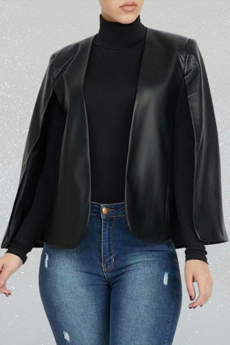 Black PU O Neck Long Sleeve Solid Long Sleeve Tops