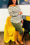 Black Fashion Casual Striped Print Basic O Neck Long Sleeve Two Pieces