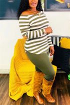 Army Green Fashion Casual Striped Print Basic O Neck Long Sleeve Two Pieces
