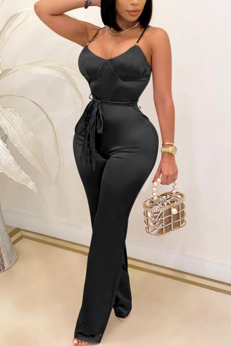 Black Sleeveless Backless Tie Waist Formal Party Skinny Cami Jumpsuit