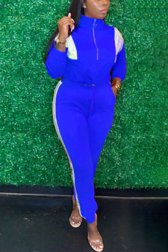 Blue Casual Solid Patchwork Zipper Collar Long Sleeve Two Pieces