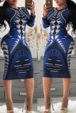 Navy blue Trendy Geometric Printed Knee Length Dress