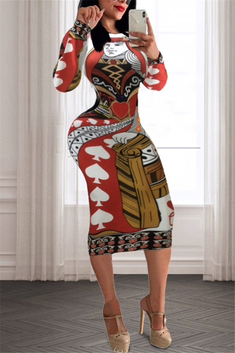 Red Fashion Casual Print Basic O Neck A Line Dresses