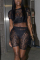 Black Fashion Sexy perspective HOLLOWED OUT Two Piece Suits Floral crop top lace Slim fit Mesh P