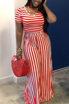 Red Polyester Fashion Sexy crop top Striped Two Piece Suits Slim fit Solid Straight Short Sleeve  Two-pi