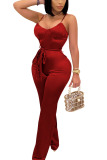 Apricot Daily Spandex Solid Bandage Backless Spaghetti Strap Regular Jumpsuits