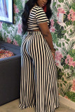 Black Fashion Sexy crop top Striped Two Piece Suits Slim fit Solid Straight Short Sleeve Two-pi