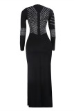 Black Fashion Sexy Solid Slit Hot Drill O Neck Swagger Dresses