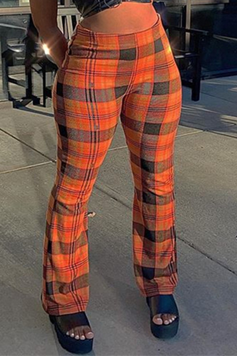

Orange Fashion Casual Plaid Print Regular Trousers
