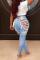 Light Blue Denim Button Fly Sleeveless High Hole Solid Patchwork pencil Pants Pants