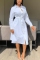 Green adult Casual Fashion Shirt sleeves Long Sleeves Notched Step Skirt Mid-Calf fastener Solid