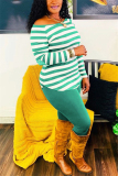 Army Green Fashion Casual Striped Print Basic O Neck Long Sleeve Two Pieces