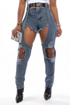 Light Blue Denim Zipper Fly Mid Solid Patchwork washing pencil Pants Pants