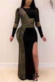 Gold Fashion Sexy Solid Slit Hot Drill O Neck Swagger Dresses