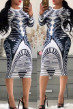 Navy blue Trendy Geometric Printed Knee Length Dress