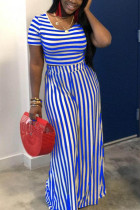Blue Fashion Sexy crop top Striped Two Piece Suits Slim fit Solid Straight Short Sleeve Two-pi
