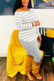 Light Gray Fashion Casual Striped Print Basic O Neck Long Sleeve Two Pieces